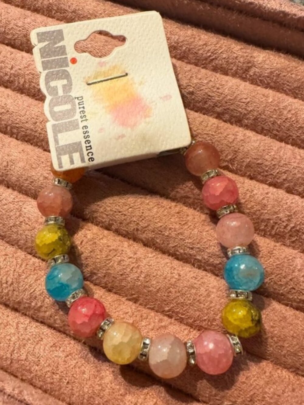 NWT Nicole Miller Multicolor Crackle Agate Rhinestone Beaded Stretch Bracelet